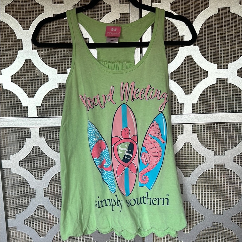 Simply Southern Green Tank Top with Pink and Blue Surfboard Design